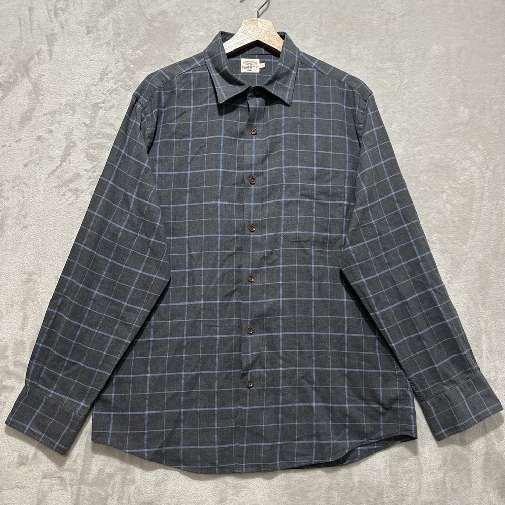 Faherty Hudson St. Windowpane Shirt Men's L Navy Button Front Long Sleeve Logo